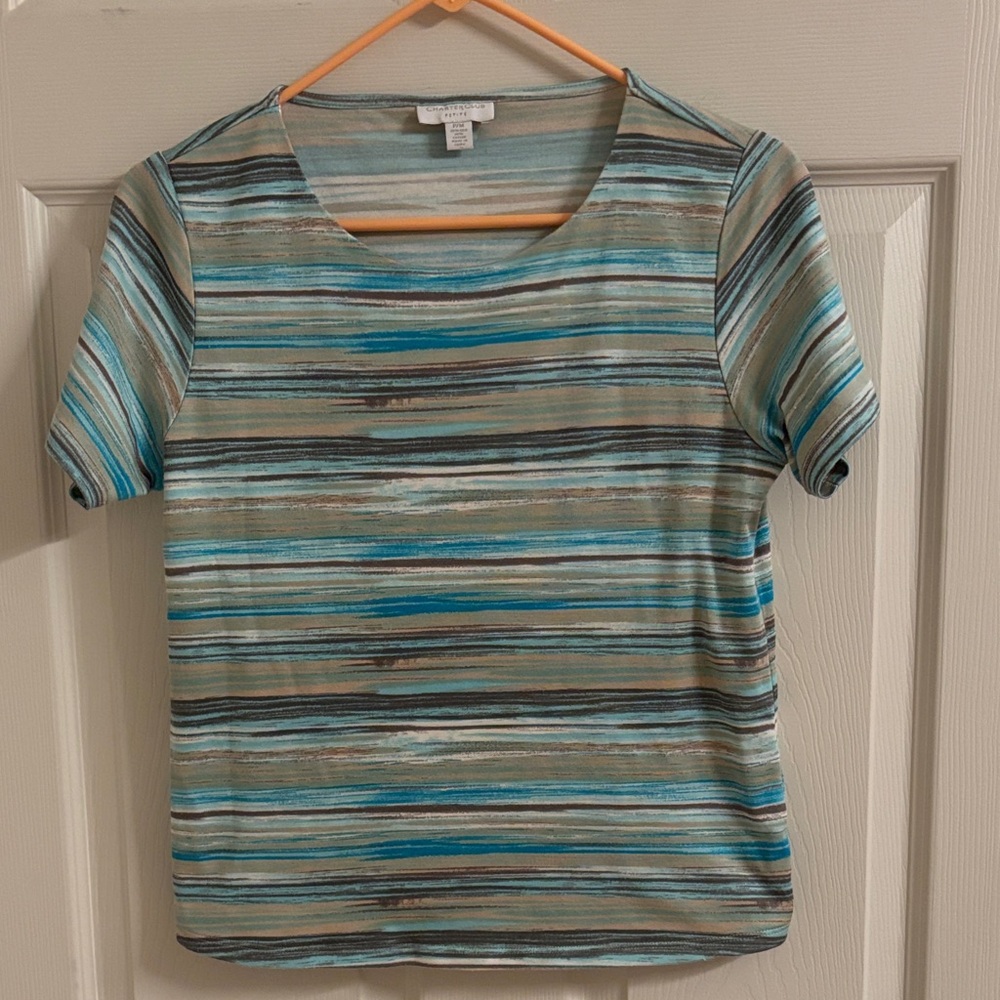 Charter Club Striped Short-Sleeve Tee in Teal, Beige & Gray